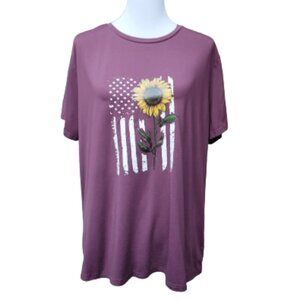 SHEIN Purple Crewneck T-Shirt Patriotic American Flag Sunflower Short Sleeve